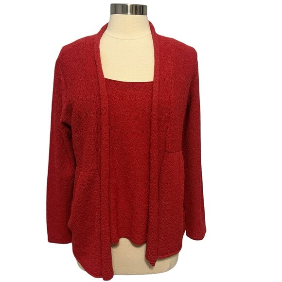 Eileen Fisher Sweater Cardigan & Tank Set Wool Red Size PL Textured Open Front - Picture 1 of 12